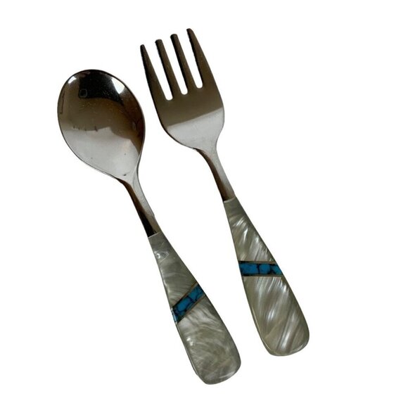 Vtg The First Years Deluxe Stainless Baby Spoon Fork Set Pearlized Handles Blue - Picture 1 of 4